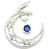 DIAMANTIO Sterling Silver Crescent Moon Pendant with CZ & Blue Teardrop Crystal – Celestial Charm Necklace for Women