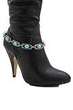 TFJ Women Western Fashion Boot Bracelet Silver Metal Chain Turquoise Blue Color Beads Shoe Charm