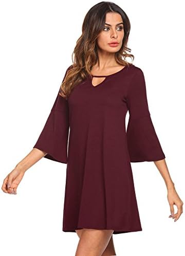 pasttry Women's Casual Solid Keyhole Front 3/4 Bell Sleeve Above Knee Length Fit Flare Mini Dress Wine Red