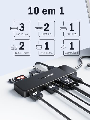 Lemorele Dock Station USB-C 10 em 1 com Suporte para 3 Monitores (2x HDMI 4K + VGA), 3 Portas USB 3.0, PD 100W, Áudio, Leitor SD/TF - Compatível com macOS & Windows