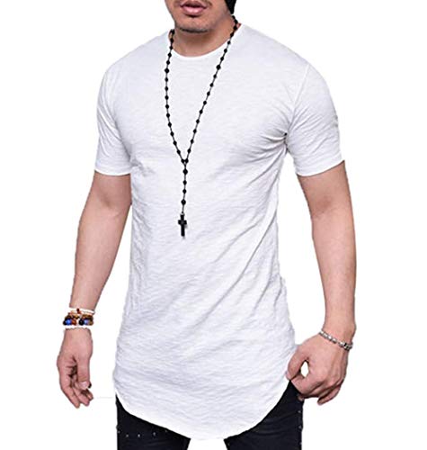 LIWEIKE Mens Solid Extended Hipster Hip Hop Swag Curve Hem Long Sleeve T Shirt (White 02 (Short Sleeve), Medium)