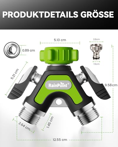 RAINPOINT 2-Way Distributor, Full Metal Heavy Duty Water Distributor with 5.2 cm Extra Long Side Lever & Shut-off Valves, Garden Hose Y Splitter 3/4 Inch & 1/2 Inch, Simultaneous Double Connection (Green)