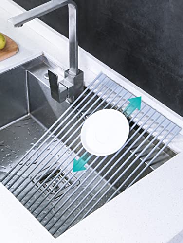 Josoft Over The Sink Dish Drying Rack, Roll up Sink Dish Drainer Rack Multipurpose Foldable Kitchen Stainless Steel Dish Rack Sink Drying Rack 20.6