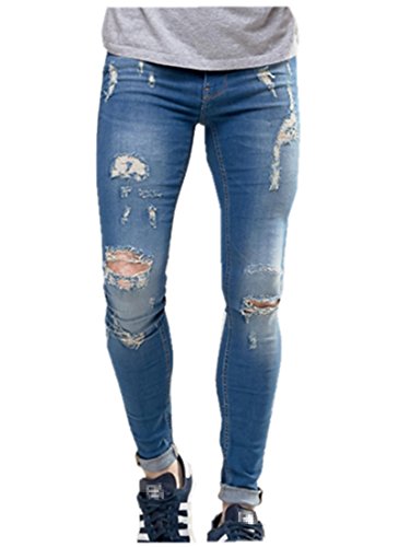 Men's Vintage Street Style Super Skinny Fit Jeans Knees Rips and Repair Blue 30