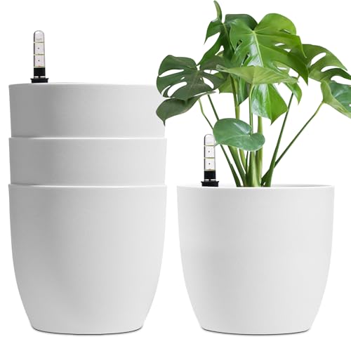 T4U 22cm Selbstwässernder Blumentopf mit Wasseranzeiger Weiß 4er-Set, Selbstbewässerung Wasserspeicher Pflanzgefäß Übertopf für Innen- und Außenbereic