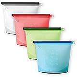 Kitchen Wonders 4-PACK Reusable Silicone Food Grade Bags Preservation Storage Container Airtight Seal Cooking Bag Storage Vegetable Meat Milk for Freeze &amp; Heat Microwave Dishwasher Safe w/DISH BRUSH
