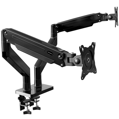 Invision Doppel-Monitorarm für Bildschirme von 24-35 Zoll, ergonomisch, höhenverstellbar (gasunterstützt), neigbar, drehbar und ausziehbar, VESA 75 mm