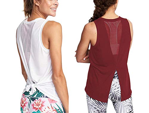 ADOLPH Women's Sexy Open Back Cute Mesh Yoga Workout Sports Shirts Activewear Tank Tops(Wine Red and White,XL)