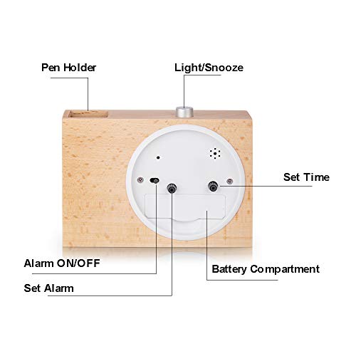 SkyNature Kids Alarm Clock, Pen Holder Clock with Snooze & Night Light, Silent Non-Ticking Battery Operated Wooden Desk Clock for Girls Boys Students - Burlywood, 6 Inch