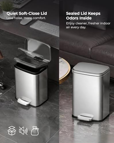 Foot Pedal Trash Can with Soft-Close Lid – Stainless Steel Trash Bin with Removable Inner Bucket, Hands-Free Pedal Garbage Bin for Kitchen, Bathroom, Office & Bedroom - Silver 20L