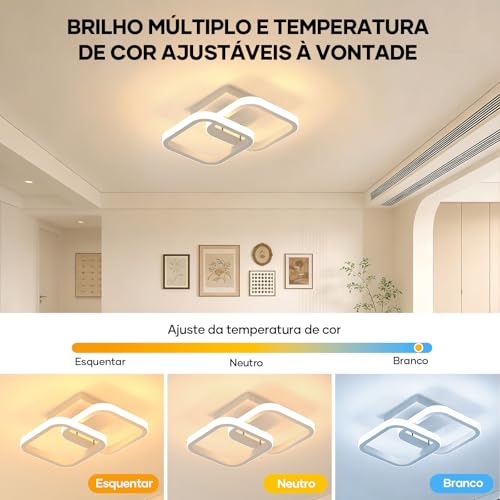 Trailabo Luminária LED de Teto, Duas Luminária Quadrado + Duas Fitas de Luz Circulares, Iluminação Ajustável em Três Cores, para Sala e Quarto, 3000-6000K (Branco)
