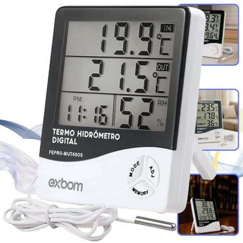 Termômetro Higrômetro Digital Alta Precisão, Medidor de Temperatura e Umidade do Ar Memória Máx/Mín Relógio Integrado Display LCD Fácil Leitura para Casa Freezer Aquário Chocadeira e Geladeira Premium