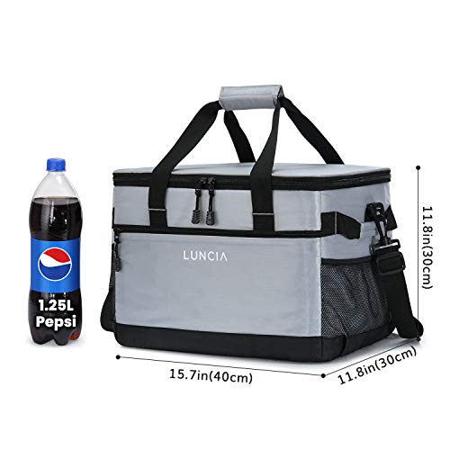 LUNCIA 33L Leakproof Collapsible Cooler Bag, Insulated Cooling Bag Portable Tote, 60 Can Soft Sided Cooler for Picnic, Camping, Hiking, Grey
