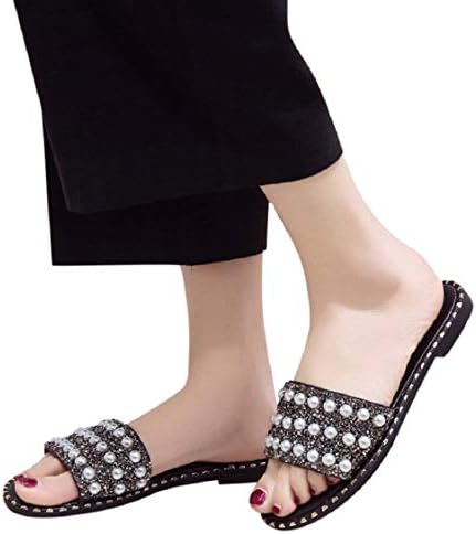 Women's Open Toe Slipper,CSSD Ladies's Flat Anti-Slip Bath Slipper Fashion Outdoor Shoes Pearl Decoration Slipper (5, Black)
