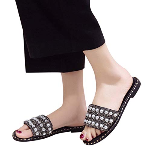 Women's Open Toe Slipper,CSSD Ladies's Flat Anti-Slip Bath Slipper Fashion Outdoor Shoes Pearl Decoration Slipper (5, Black)