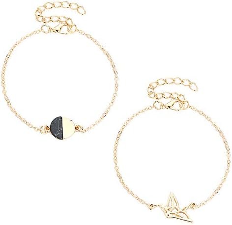 ZCMG Crane Marble Bracelets Anklet Geometric Bird Round Chain Bracelet Dangling Drop Friendship Hand Chain Bangle Women Girls Birthday Gift Minimalist Charms Jewelry 2 Pairs