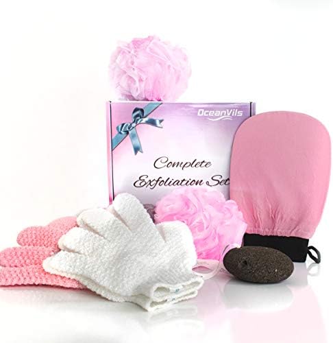 oceanvils Complete Body Exfoliation Set for Skin - Includes Exfoliating Gloves for Men or Women, Body Sponge, Kessa Hammam Mitt, Pumice Stone (6 PCS) (Different Textures)