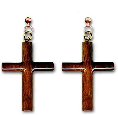 Hawaiian Heirloom JewelryHawaiian Jewelry Koa Wood Christian Cross Dangle Pierce Earrings