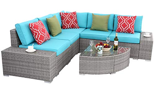 Do4U 6 PCs Outdoor Patio PE Rattan Wicker Sofa Sectional Furniture Set Conversation Set- Turquoise Seat Cushions & Glass Coffee Table| Patio, Backyard, Pool| Steel Frame (5828-GRY-TRQ)