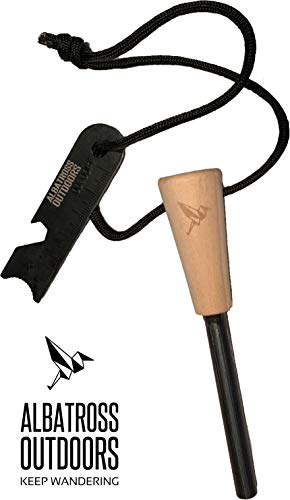 Albatross Outdoors Emergency Camping Survival Fire Starter -Ferrocerium Rod- Wooden Handle- with Multitool Striker