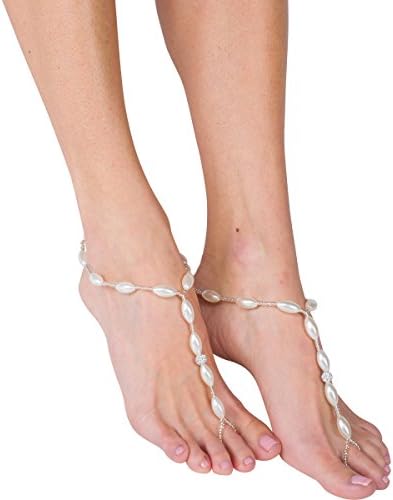 Barefoot Beaded Beach Sandals | Elegant White Bead &amp; Crystal Rhinestones | Wedding, Pool, Beach, Party Accessories | One Size | 2 Pc Foot Jewelry Set
