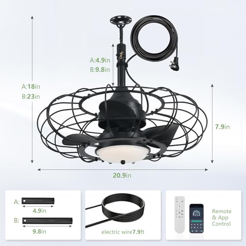 AHAWILL 20" Black Outdoor Ceiling Fan with Light and Remote/APP,3CCT 6 Speed Gazebo Fan Outdoor Hanging Hook,IP65 Waterproof Plug in Ceiling Fan for Patios, Garage, Porch, Pergola,Canopy