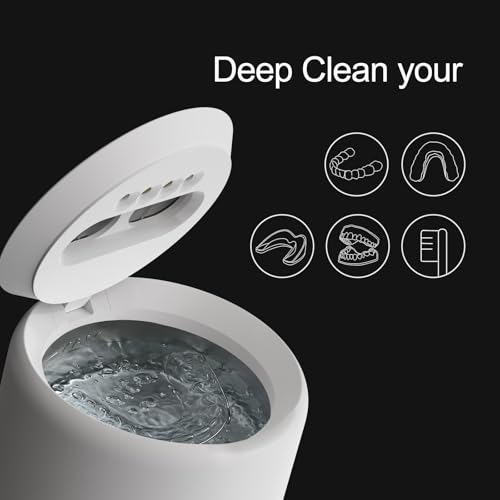 AOLVI Ultrasonic Retainer Cleaner Machine, IPX6 Waterproof Denture Cleaner, 3 Modes Dental Cleaning Pod with RGB Indicator, 45kHz Mouth Guard Cleaner with UV Light, 200ML Tank, White