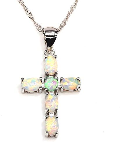Genuine 2.73 Carat Oval Shaped Natural Opal 925 Sterling Silver Cross Pendant Necklace