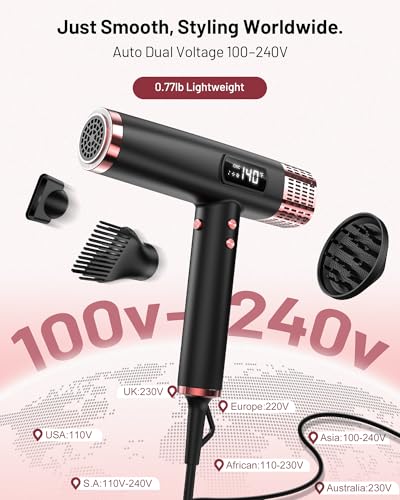 MESCOMB Dual Voltage Travel Hair Dryer with Diffuser, 1875W Dual Voltage Blow Dryer for Fast Drying and No Heat Damage, Low Noise | Lightweight | Compact, Travel Hair Dryer for Women & Men(100-240V)