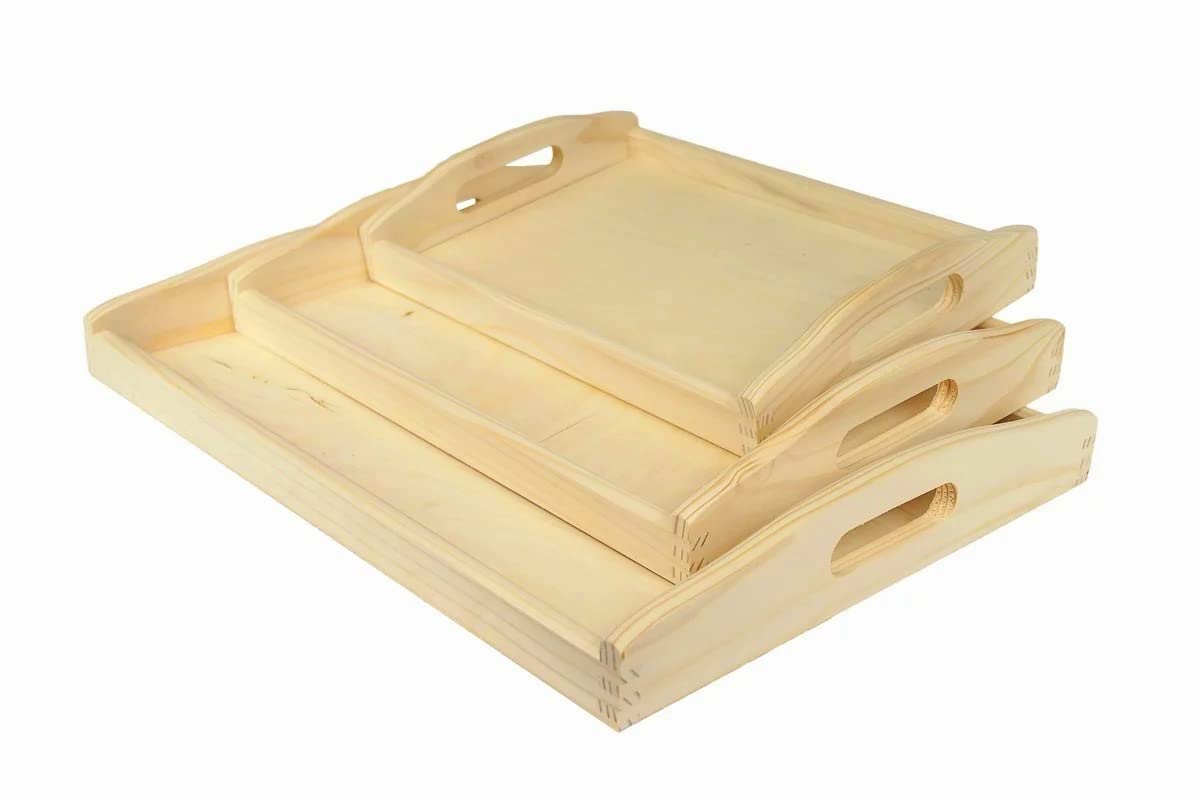 Wooden World Set of 3 Wooden trays serving bed breakfast with handles natural lacquered wood Three different sizes