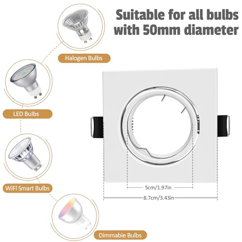 LteelDay 12 x LED Recessed Frames with GU10 Lampholders, Square White Matt in Metal, Cutout 68-80 mm, Rotatable 30°, Incl. GU10 Lamp Holder for LED or Halogen Bulbs