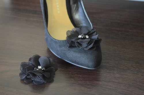 Detachable Chiffon and Rhinestone Flower Shoe Clips Black Set of 2