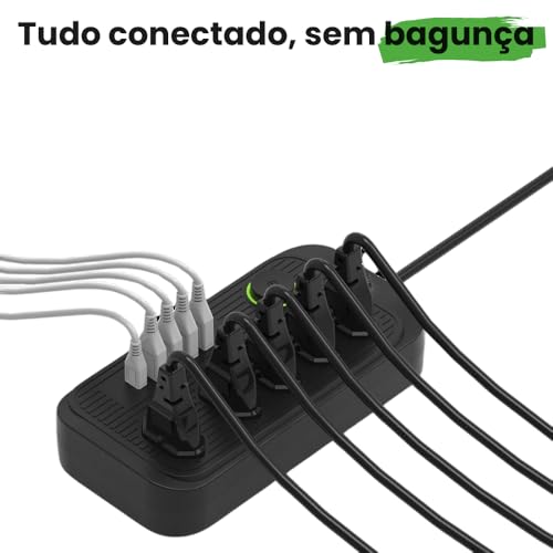 Extensão de Energia Filtro de Linha Régua de Energia com 5 Tomadas 4 USB-A e 2 USB Tipo-C Cabo 2 Metros Bivolt 110-220V Potência 2500W e Carregamento Inteligente Linha Premium (Preto)