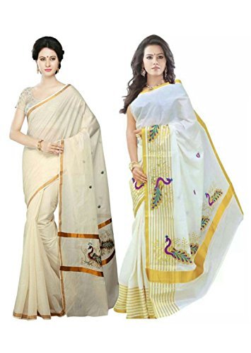 selvamani tex cotton kerala kasavu zari saree with blouse pack of 2