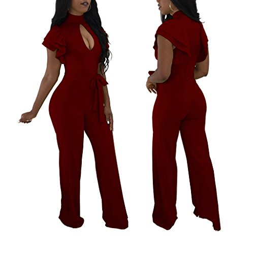 Women's Sexy Ruffles Short Sleeve Solid Hollow Out Loose Wide Legs Party Mini Club Jumpsuits Romper