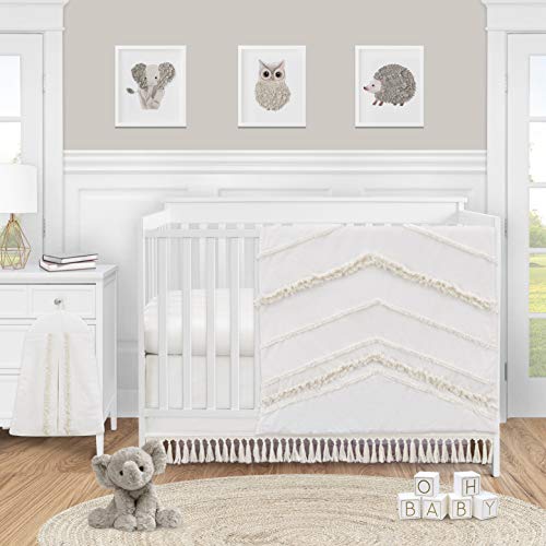 sweet jojo designs ivory gender neutral boho bohemian baby girl boy nursery cuna juego de cama - 4 piezas - color sólido beige crema blanquecino farmhouse chic unisex minimalista borla fringe macrame algodón