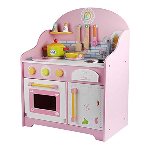 Klassische schicke Spielküche, niedliches rosa Holzküchen-Spielset, das Spielzeug mit Zubehör vorgibt, Kinderspielhaus…