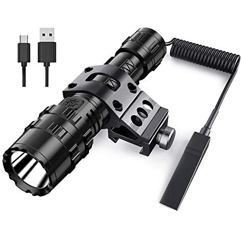 POVAST 5 Modes Tactical Flashlight with Mount, 1000 Lumens USB Rechargeable LED Hunting Torch Light with Wrist Strap, Super Bright, Pressure Switch Tail, Matte Black