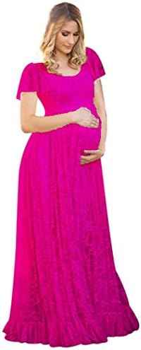 TAORE TAORE Sexy Maternity Dress Sheer Lace Gown Short Sleeve Maxi Photography Dress (3XL, Hot Pink)