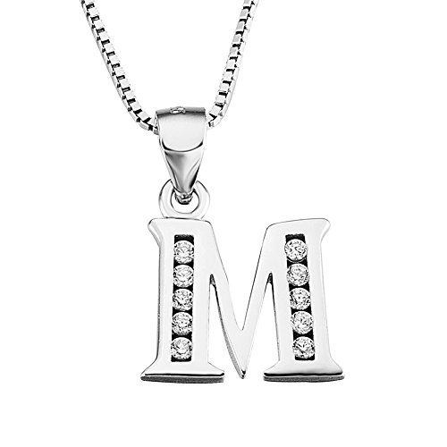 S925 Sterling Silver Cubic Zirconia 26 Letters Alphabet Personalized Charm Pendant Necklace (Alphabet M)