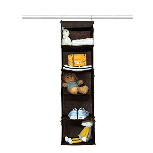 BrilliantJo Hanging Wardrobe Closet Storage with 5 Shelves Organiser, Storage Shelves Unit with 6 Pockets for Clothes - Brown(30 x 30 x 108cm)