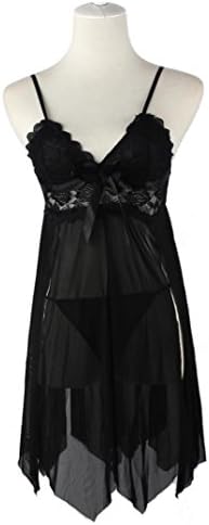 MIGUIME Sexy Women Transparent Lace Dress Chemise Lingerie Underwear Sleepwear G-String Nightwear with Panty (Black, Free)