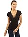 PattyBoutik Women V Neck Lace Up Short Sleeve Blouse (Black Medium)