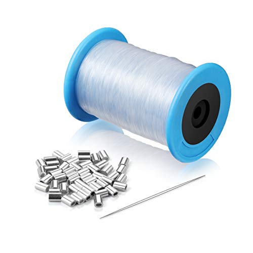 Magicfour Fishing Wire Clear for Hanging, 200M Clear String for Hanging Supports Up to 50lbs with 50 Pcs Aluminum Loop Sleeves, Invisible String for Hanging Ornaments, Decorations, Beading and Crafts