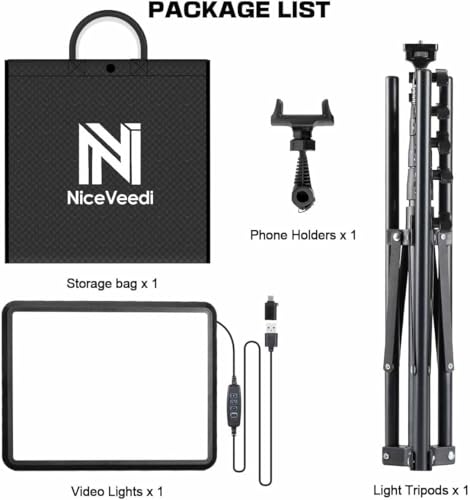 1-Pack LED Video Light Kit, NiceVeedi Photography Lighting Kit, 2800-6500K Dimmable Studio Light with Tripod Stand & Phone Holder, 73