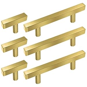 SUNRIVER 20 Pack Hollow Brushed Brass Golden Square Bar Cabinet Handles Pulls 10pcs Gold Hardware Cabinets Pulls 5″ and 10pcs Stainless Steel 2″ Cabinet Handles T Bar Pulls for Bathroom