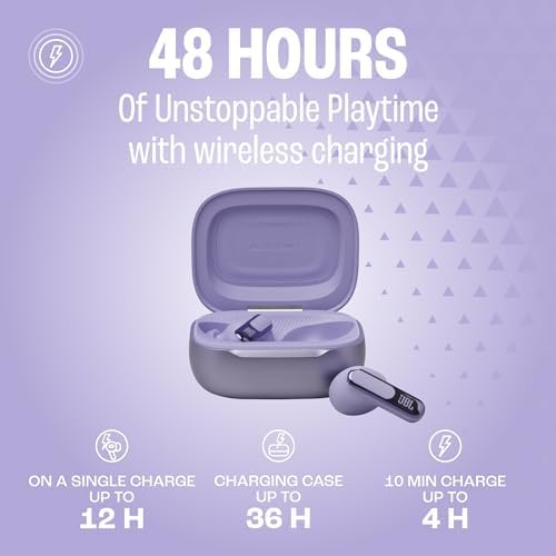 Live Beam 3 Auriculares inalambricos de botón con almohadillas,True Wireless con cancelación de ruido adaptable, hasta 48 horas de reproducción, Bluetooth, audio de alta resolución, violeta