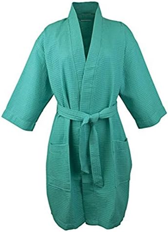 Lightweight Waffle Kimono Robe Short Waffle Kimono Bathrobe Spa Robe Cover Up (Short: XXL Size, Aqua Green)