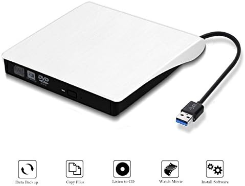 MthsTec USB 3.0 Slim External DVD Burner/Writer CD Drive for Laptops and Desktops (Windows 10 Compatible) – White