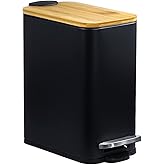 SIDIANBAN Bathroom Trash Can with Bamboo Lid Soft Close and Foot Pedal, Small Rectangular Slim Garbage Can with Inner Wastebasket for Bedroom, Office, Kitchen, 1.3Gal/5L, Black